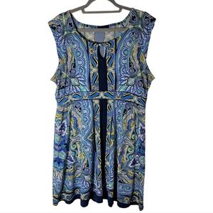 Apt 9 Blue white yellow paisley print shift dress keyhole neck cap sleeve XL